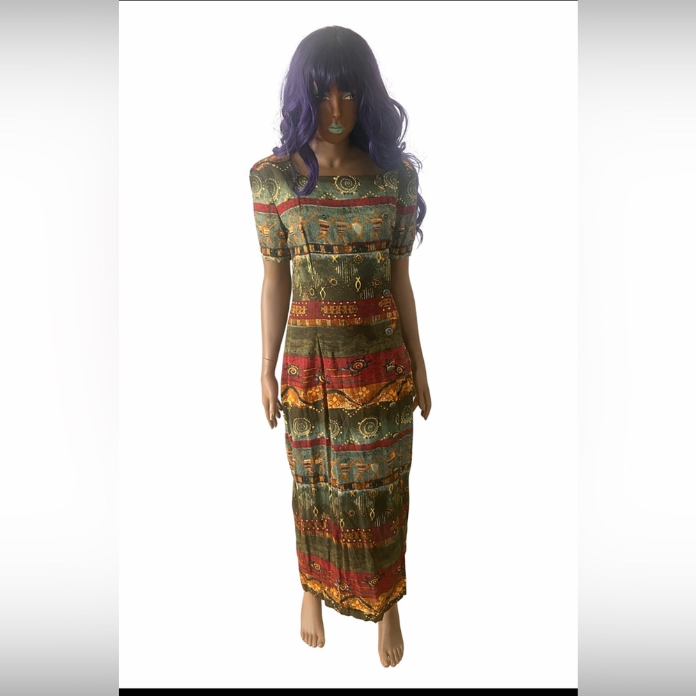 Vintage John Roberts Tribal Print Button-Front Maxi Dress | Size 10 | USA Made